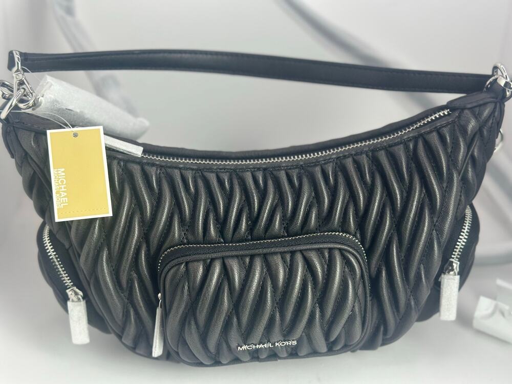 Michael Kors Merritt Medium Ruched Cargo Shoulder Bag Black Convertible NWT